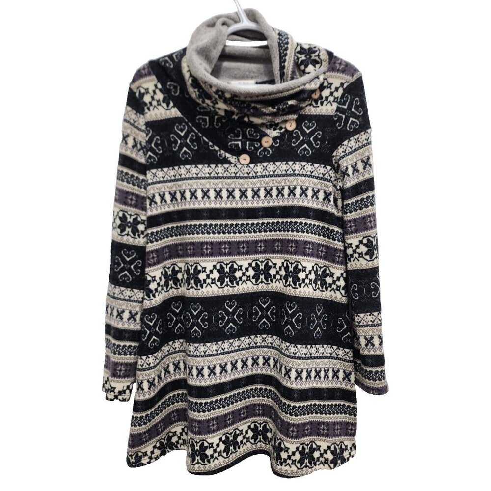 Mon‎ Ami Womens Fair Isle Tunic Top Medium Cream Black Button Cowl Neck BOHO